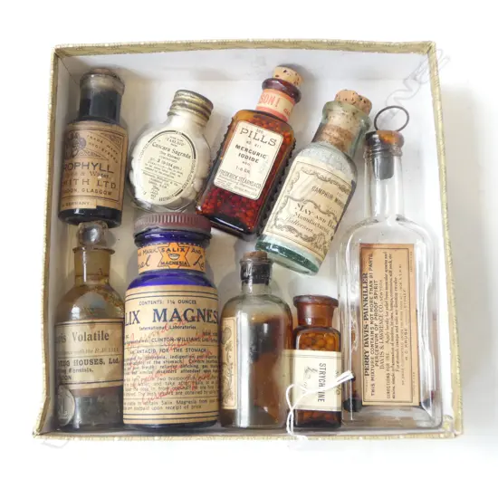 NINE ANTIQUE PHARMACEUTICAL MEDICINE BOTTLES COBALT BLUE ETC 