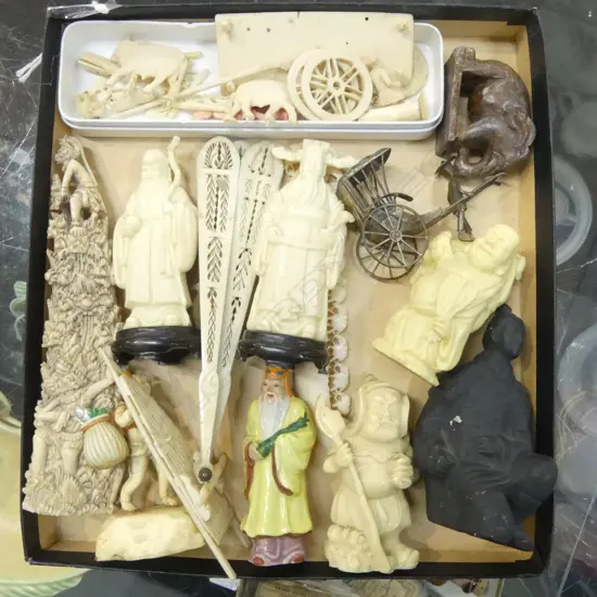 TRAY VINTAGE ORIENTAL COLLECTIBLES IVORY, BONE, CERAMIC, PLASTIC ETC 