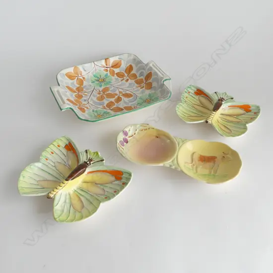 2 BESWICK BUTTERFLY DISHES L170MM COW DISH L230 & 2 HANDLED DISH DIA250MM