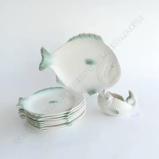 9 ASST. SHORTER & SON BEIGE FISH FORM CHINA PLATES + GRAVY BOAT