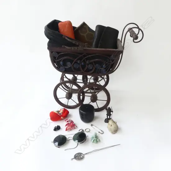 BOX OF OLD JAPANESE ITEMS: purse + beads etc + doll's pram