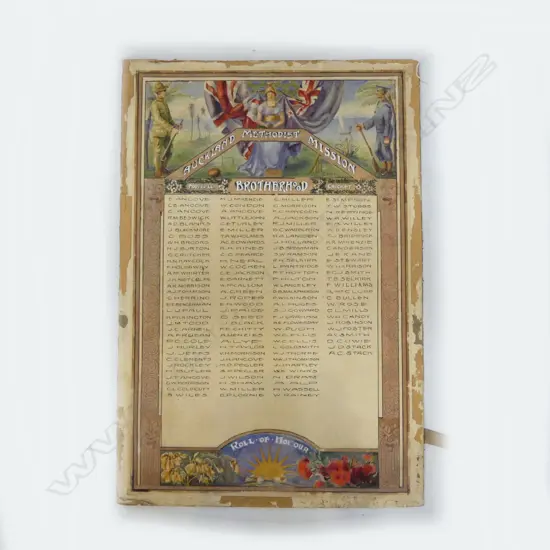 AUCKLAND METHODIST MISSION WWI HONOURS BOARD 810x550mm Attributed to Trevor Lloyd