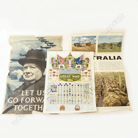 3 VINTAGE POSTERS:  2x WAR: CHURCHILL 'LET US GO FORWARD TOGETHER by J. Weiner Ltd. + 'RECORD OF THE NZEF' both w faults