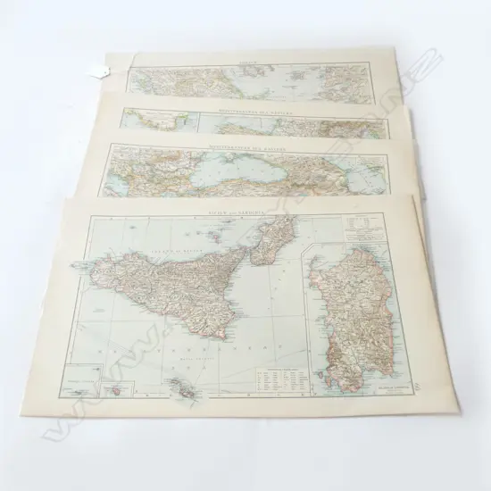 FOUR ANTIQUE MAPS C.1899 MEDITERRANEAN, SICILY & SARDINIA, & GREECE, L.440 W.280MM