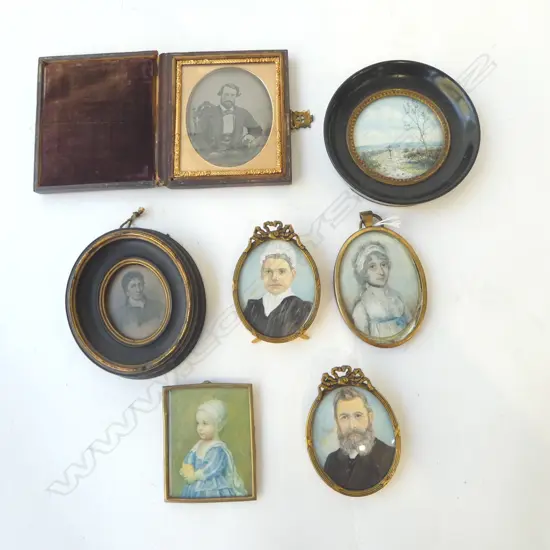 7 ASST. MINIATURES INCL. VICTORIAN COUPLE & CASED DAGUERREOTYPE OF A GENTLEMAN 95x85mm