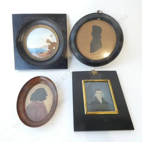 4 ARTWORKS; 2 SILHOUETTES, COASTAL LANDSCAPE 90mm dia, 18thC PORTRAIT OF NICOLAS GRUT 80x65mm, dates verso