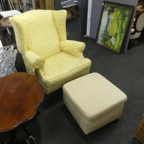 RECENTLY REUPOLSTED WING BACK CHAIR H1020 & OTTOMAN NOT RECOVERED