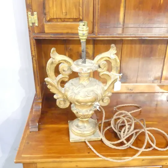 GILDED CARVED WOODEN TABLE LAMP H.415mm