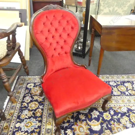 VICTORIAN STYLE GRANDMOTHER CHAIR, RED VELVET UPHOLSTERY