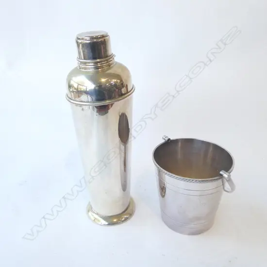 ENGLISH SILVER PLATE BUCKET WINE COASTER H.125mm + COCKTAIL SHAKER H.310mm