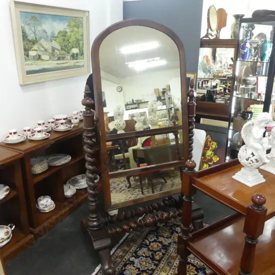 VICTORIAN MAHOGANY BARLEY TWIST CHEVAL DRESSING MIRROR 970x680x1740mm