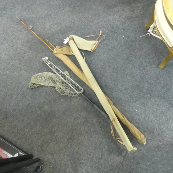 2 VINTAGE FISHING RODS; STEEL 3 PART APOLLO 'THE BERWICK', SPLIT CANE 2 PART SEALEY 'OCTOPUS ESS' + FOLDING NET