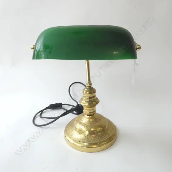 BANKERS LAMP; BRUSHED METAL BASE, GREEN GLASS SHADE H.370mm