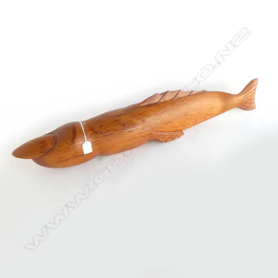CARVED NZ ART SCULPTURE 'FISH FINGER' by EMH. Sculptor unknown. L.870mm.