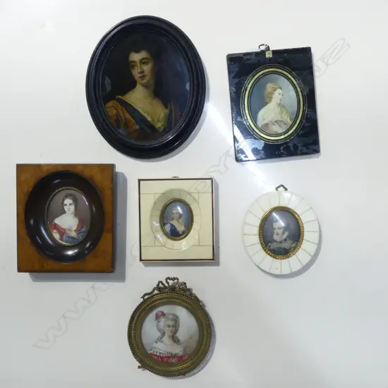 6 ANTIQUE STYLE PORTRAIT MINIATURES OF BEAUTIES largest 190x165mm overall