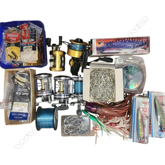 ASST. BOX OF FISHING GEAR. lure, hooks, reels, nylon etc.