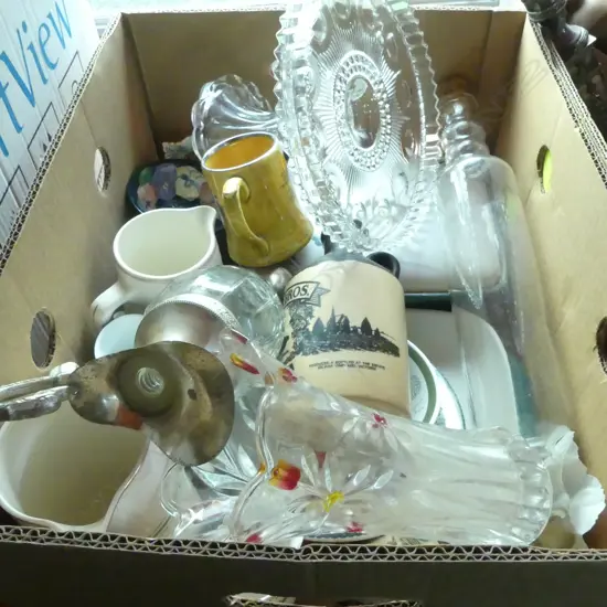 BOX OF DENBY CHINA GLASS ROLLING PIN  COMPORT JUGS ETC