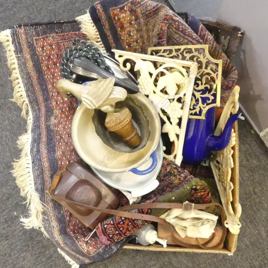 RUGS w. INSECT DAMAGE, LE CREUSET CASSEROLE (NO LID), ETC