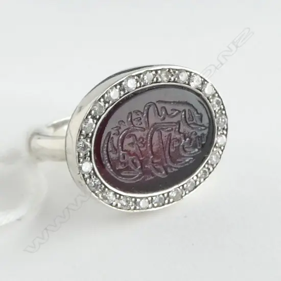 'ELMA' MIDDLE EASTERN engraved red agate & DIAMOND SIGNET RING SILVER? SIZE L1/2