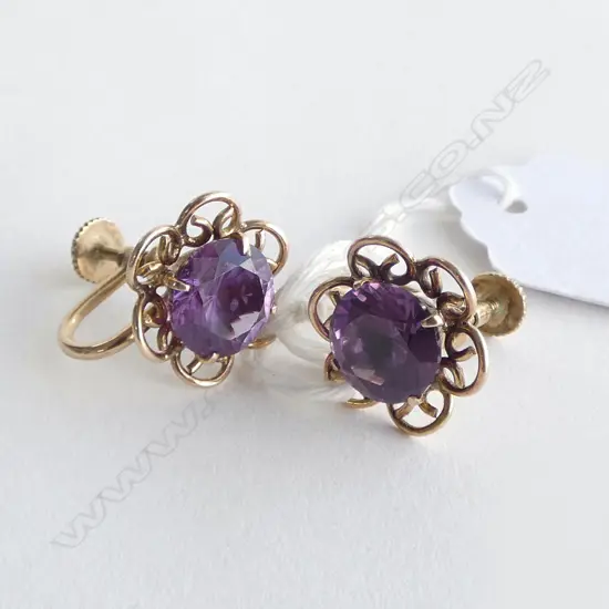 PR 14ct GOLD & PURPLE STONE EARRINGS 5.1gms