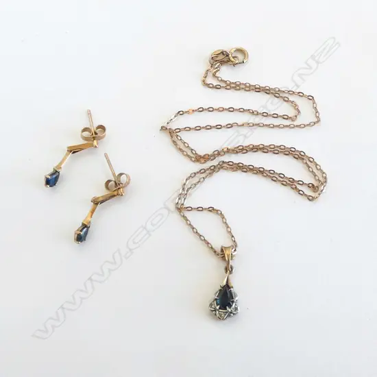 9CT SAPPHIRE/DIAMOND NECKLACE + PR  SAPPHIRE DROP EARRINGS, 3.0grms