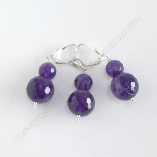SET SILVER & FACET CUT AMETHYST EARRINGS & PENDANT new