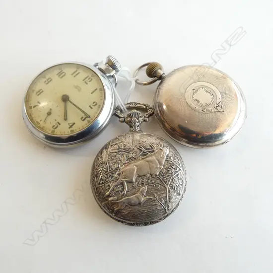 SILVER ROTHERHAMS HUNTER POCKET WATCH & 2 OTHERS 1 only running