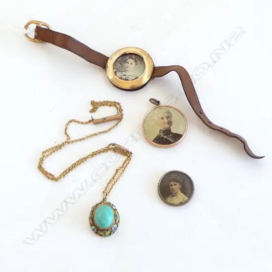3 ANTIQUE PORTRAITS + ENAMEL PENDANT NECKLACE ON GP CHAIN