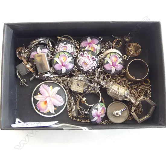 SILVER & OTHER JEWELLERY: JAPANESE SUITE + 2 MARCASITE WATCHES + BRACELETS + RINGS ETC 