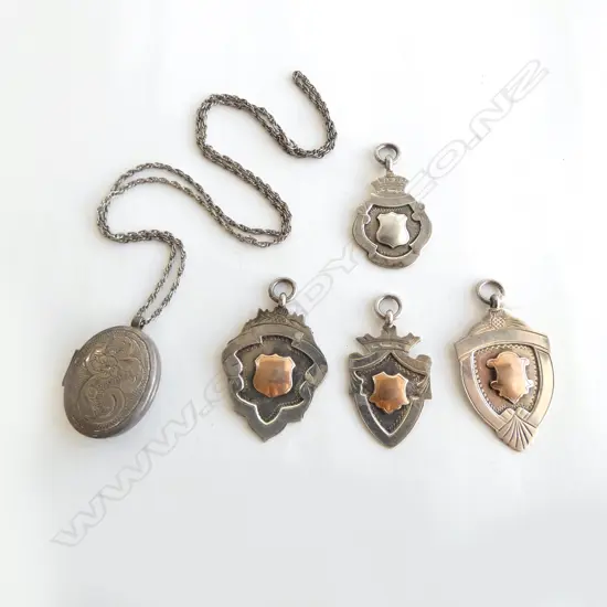 SILVER engraved LOCKET ON CHAIN + 4 SHEILD FOB MEDALLIONS 3 w gold plaques