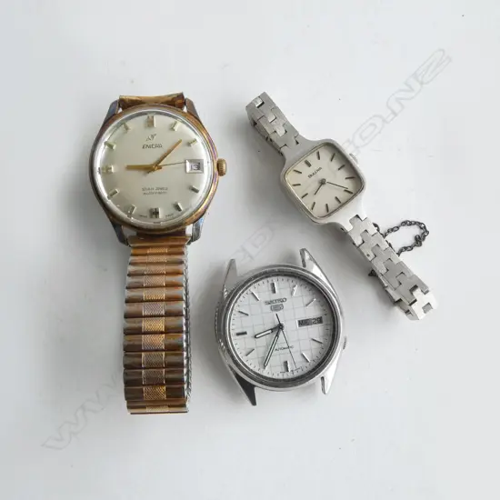 3 VINTAGE WRISTWATCHES: 2 GENTS: SEIKO 5 + ENICAR. + ladies Bulova. All Running. 