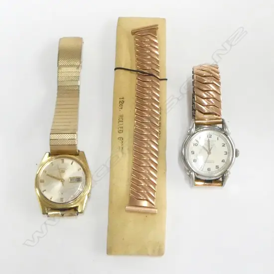 2 VINTAGE GENTS WRISTWATCHES: SEIKO 5 + BUREN Grand Prix 'Skeates Bros. Auckland' to dial. Both running + as new strap