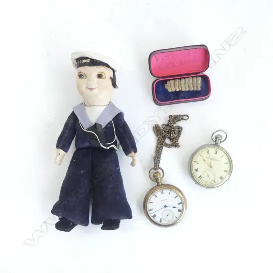 SAILOR DOLL +  FOB WATCHES + RATTLE from a RATTLE SNAKE