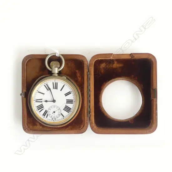 EARLY 20thC NICKLE CASED LGE TRAVELLING OPEN FACE POCKET WATCH in leather pig skin case. Running