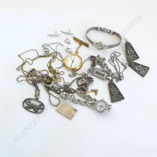 ASST. JEWELLERY, SOME STG, 3 WATCHES ETC