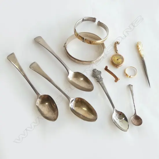 2 SILVER ENGRAVED BANGLES 1 A.F + George III silver spoons etc. SILVER WEIGHT 92gms