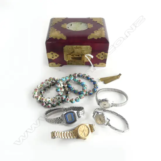 4 WRIST WATCHES, 4 BEADED BRACELETS IN ORIENTAL JEWELLERY BOX W.135mm