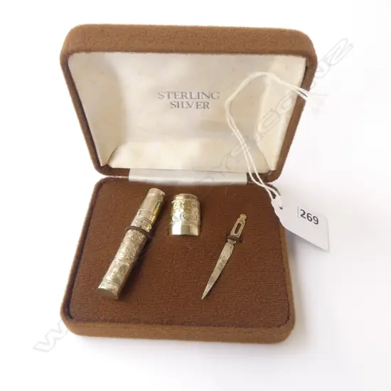 BOXED 'STERLING SILVER' 3 PCE SEWING SET needle box + thimble + threader