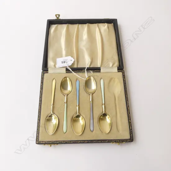 SET OF FIVE STG SILVER & ENAMEL SPOONS, BIRMINGHAM 1956 BY WILLIAM SUCKLING LTD - BOXED 1 MISSING