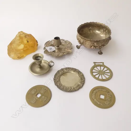STG SILVER BOWL, LONDON 1873 235grms, STG CANDLE HOLDER 57grms, 2 ORIENTAL TOKENS, AMBER, 3 OTHER