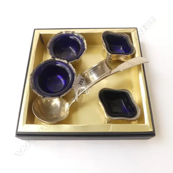 STG SILVER; 2 PRS SALTS, NAPKIN RING, LADLE 205grms