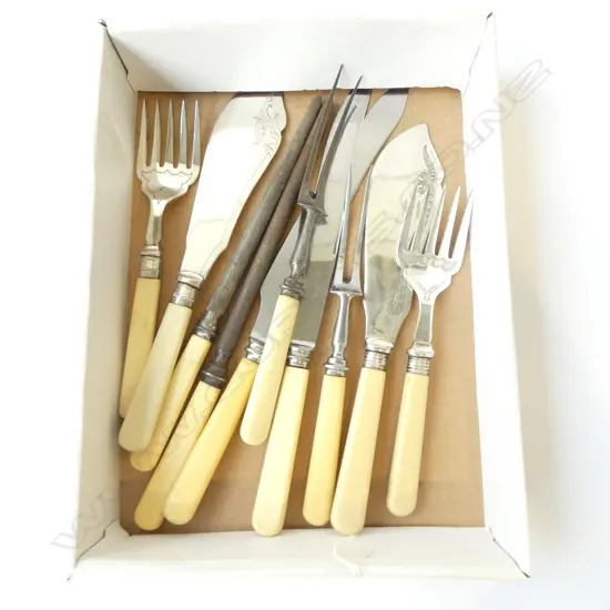 TWO ‘BONE’ HANDLE 3PC CARVING SETS & TWO PAIRS OF FISH SERVERS 