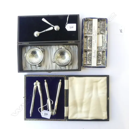 CASED NUT CRACKER PR, CASED PR PEWTER SALTS + 'JACOBITE' PLACE NAME SET