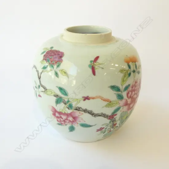 OLD CHINESE GINGER JAR BLUE/GRN GROUND w FLORAL DESIGN, H.125mm