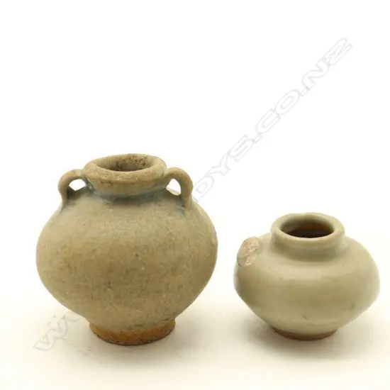 Two Chinese Song Yuan Period Celadon-glazed Handled Small Jars. H.70mm-John Perry Collections