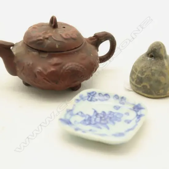 3 Oriental pces: small terracotta teapot + Blue and White Small Dish + pottery weight. John Perry est.