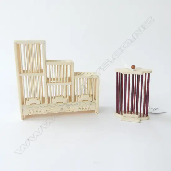 2 BONE CRICKET CAGES; 1 WITH WOODEN BARS, OTHER WITH 3 TIERS OF GRADUATING HEIGHT, H.100mm