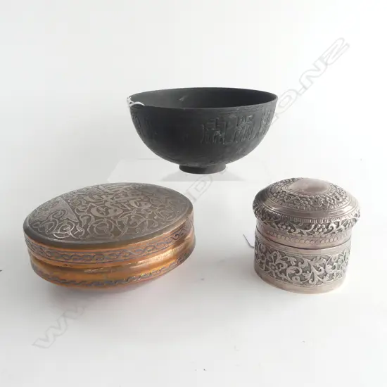 3 ROUND BOWLS OLD CHINESE IRON BOWL Dia 165mm SILVER INLAY LIDDED ISLAMIC COPPER AND LIDDED SILVER INDIAN BOWL Dia 80mm 