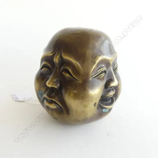 HEAVY BRASS TRI FACED BUDDHA HEAD; STAMP TO BASE H.100mm