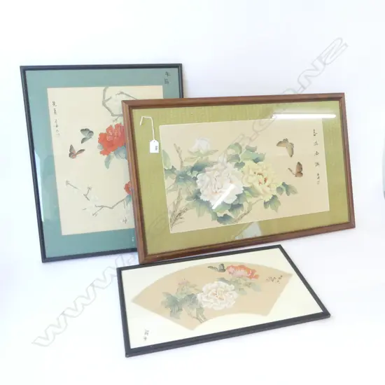 3 ORIENTAL ARTWORKS ON FABRIC, 535x305mm